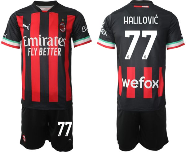 Moški Nogometni dresi AC Milan Domači 2023 Kratek Rokav + Kratke hlače HALILOVIĆ 77